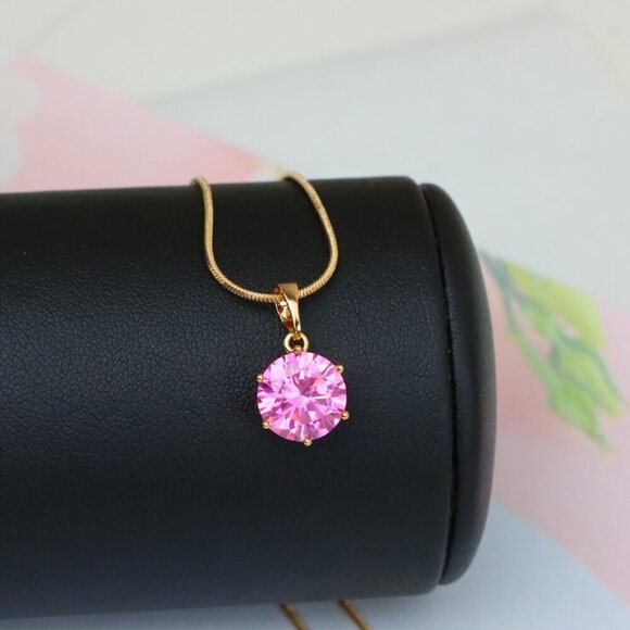 "Brilliant Round Pink Stone Rose Gold Pendant Sparkling Charm, XPPT1599 - Picture 5 of 13